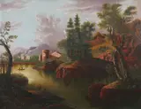 American Primitive School, Untitled, RIVER SCENE, oil on canvas