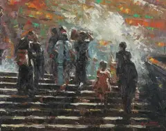 S. M. Mark, Figures Ascending Stairs, Oil on canvas