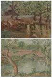 Solomon Aronson, RIVER VIEW WITH CABIN and RIVER VIEW WITH HUNTERS: TWO WORKS, the first, Oil on canvas board