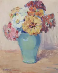 Erma Paul Allen, Blue Vase of Zinnias, Oil on board
