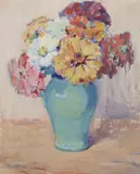 Erma Paul Allen, Blue Vase of Zinnias, Oil on board