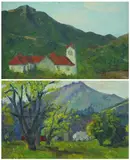 NESTLED IN THE CALIFORNIA VALLEY and BLOSSOMING TREES: TWO WORKS, the first by Salome Teresa Knabenshue, The second, oil on unstretched canvas, offered Apr 2007