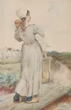 Richard Norris Brooke, Mother and Child Crossing a Footbridge, Watercolor