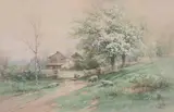 Carl Weber, Cottage with Sheep, Watercolor