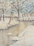 Winter Stream with Pine Trees by Walter Launt Palmer, Watercolor and gouache on board, sold Apr 2007