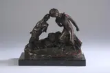Joseph d'Asté, Playful Satyr with Goat, D'ASTE, patinated metal atop black marble base