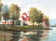 Kanayo Ede, Red Roofed Monastery by a River, Oil on canvas