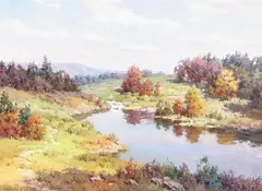 Rudolf Weber, Early Autumn Landscape with Creek, Oil on canvas