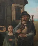 Continental School, Untitled, MAN WITH BAGPIPE AND GIRL, oil on tin