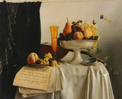 Still Life with Sheet Music and Wine by Elena Orlova, STILL LIFE WITH SHEET MUSIC AND WINE, oil on canvas, sold Apr 2007