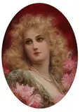 Raimund von Wichera, Lady in Pearls with Pink Flowers, Oil on panel - Oval: 5 3/4 in. x 4 in