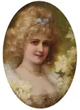 Raimund von Wichera, Lady in Jewels with Yellow Flowers, Oil on panel - Oval: 5 3/4 in. x 4 in