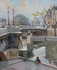 Lucien Ruolle, Parisian Lovers on the Seine, Oil on canvas