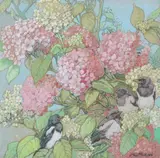 Kay Nixon, Birds in Hydrangea, Gouache on paper