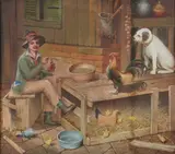English Primitive School, Untitled, A SHARED MEAL, oil on canvas