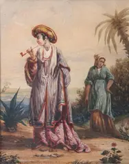 Ping Qua, Portuguese Man and Woman in Macau, Watercolor on paper, 19th century giltwood frame