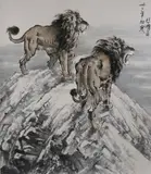 Xu Bei Hong, Untitled, TWO LIONS, ink and color on paper, signed and sealed