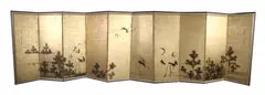 Yoshimura Shuzan, Cranes, Ink on gold leaf paper ten fold screen, signed