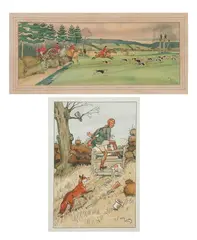 Harry Eliott, THE FOX GIVES CHASE; FULL CRY; TWO WORKS, each signed lower right, Lithograph with pochoir, and chromolithograph