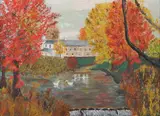 Untitled by American School, AUTUMN LANDSCAPE WITH PAIR OF SWANS, oil on canvas board, sold Jun 2007