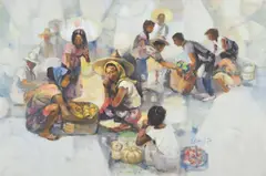 Loyola, Scene of Figures in Market Place, Oil on canvas