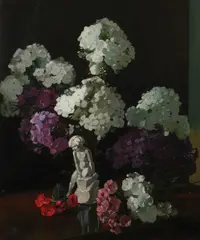 Frederick George Meekley, Hydrangeas and Nosegays with Putto on a Tabletop, Oil on canvas