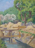 S.M. Goldie, Footbridge, Oil on glass laid on panel