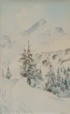 Sigismund Goetze, Mountain Snow Scene, Watercolor
