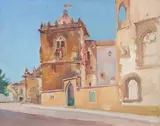 French School, Untitled, TOWER IN MEDITERRANEAN TOWN, oil on board