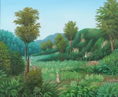 Raymond Dorleans, Haitian Landscape with Figures, Oil on board