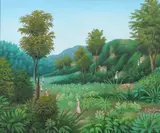 Raymond Dorleans, Haitian Landscape with Figures, Oil on board