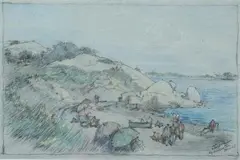 William Eyre, Beach Scene at Gloucester, Charoal and pastel on paper