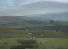 Randall Exon, Landscape with Bridge, Oil on panel