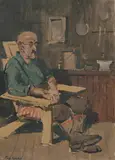 Paul Sample, Man in Armchair, Oil on board