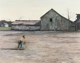 Bruce Penney, Boy Playing with Hoop, Oil on masonite