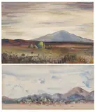 Ted Butterfield, WESTERN FARMSTEAD WITH WINDMILL and WESTERN TOWN; TWO WORKS, first signed and dated 1944 lower right, Watercolor - Largest: 9 1/2 in. x 14 1/4 in
