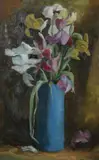 Untitled by American School, IRIS IN BLUE VASE, oil on canvas laid down on board, sold Jun 2007