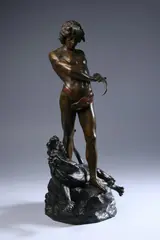 Louis Potet, Youth with Leopard, Bronze, with golden brown patina