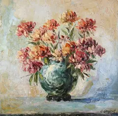 Leonid Gechtoff, Dahlias in a Blue Vase, Oil on canvas