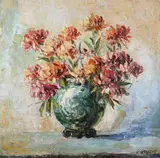 Leonid Gechtoff, Dahlias in a Blue Vase, Oil on canvas