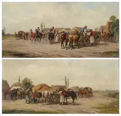 Alfred Steinaker Aka Derfla, VILLAGE SCENE WITH HORSES AND CARRIAGES and HORSES WITH HAY WAGONS: TWO WORKS, each signed, Oil on panel