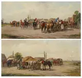 Alfred Steinaker Aka Derfla, VILLAGE SCENE WITH HORSES AND CARRIAGES and HORSES WITH HAY WAGONS: TWO WORKS, each signed, Oil on panel