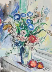 David Burliuk, Floral Still Life with Fruit, Watercolor on paper