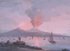Neopolitan School, Untitled, BAY OF NAPLES WITH MOUNT VESUVIUS ERUPTING IN FLAMES, gouache on paper