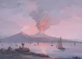 Neopolitan School, Untitled, BAY OF NAPLES WITH MOUNT VESUVIUS ERUPTING IN FLAMES, gouache on paper