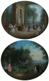Untitled by French School, FETE CHAMPETRE AND FETE GALANTE; TWO WORKS, oil on canvas - Oval: 18 in. x 21 in., each Fete Champetre: Lined, good cond, sold Jun 2007