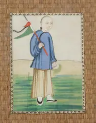 Anonymous, Boy with Flag, Ink and color on board with gilt highlights, with geometric woven silk border