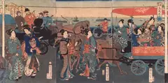 Toyohara Kunichika, Untitled, GEISHA AND FOREIGNERS BY THE SEA, signed, woodcut triptych, extensive damage and restoration on left corner - oban tate-e 13 1/2 x 9 1/8 in. (34.3 x 23.2 cm.) each approx The top brownish