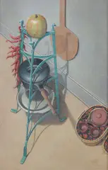 Rhea Sanders, Still Life with Pot Rack, Egg tempera on paper