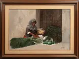 David Ferm, Mujer en mercado, Óleo sobre tela